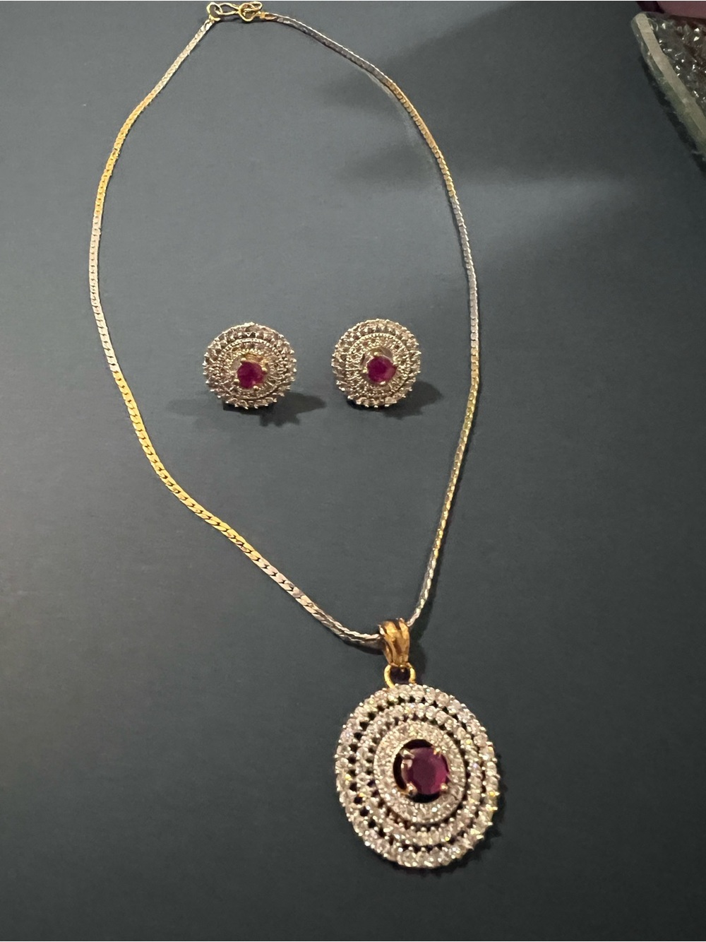 Gold Tone Necklace and Earring Set with Ruby Red Stones
